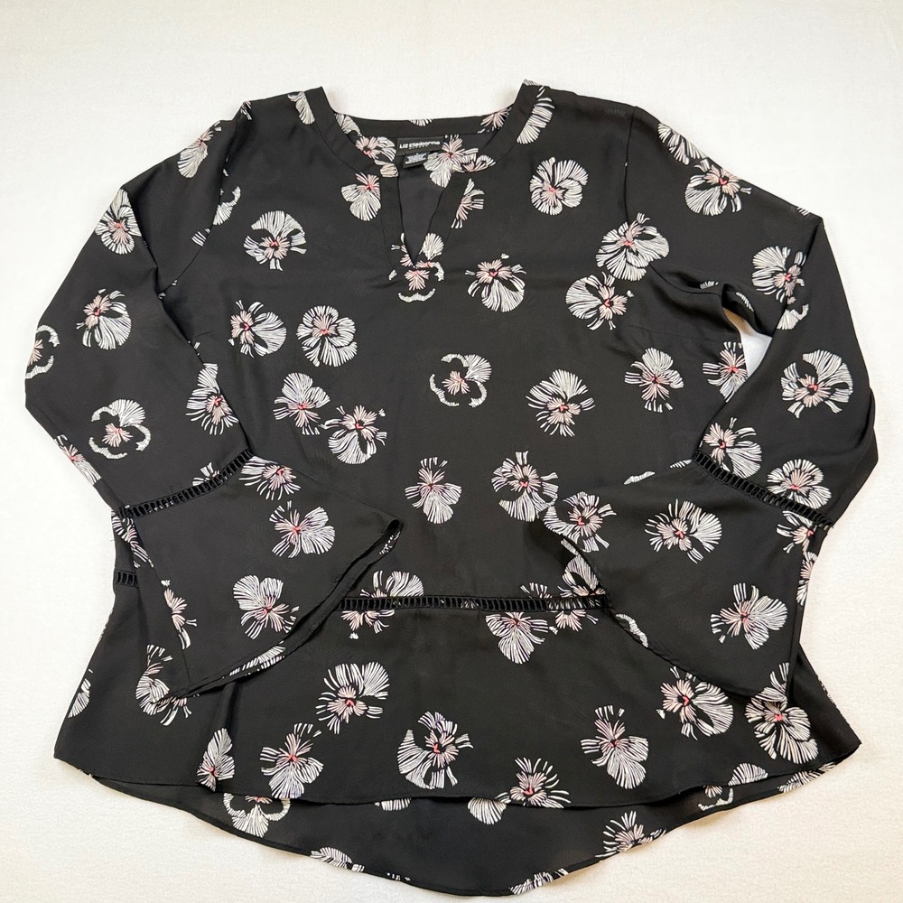 Liz Claiborne Career Black Floral Bell Sleeve Blouse Crochet Trim Top Large